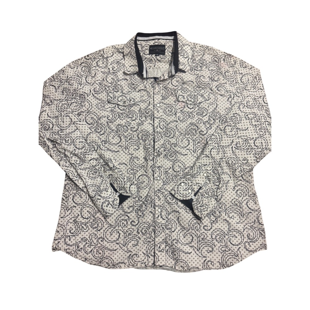 Lamasini Mens 2XL Western Pearl Snap Shirt White Black Scroll Print Cotton LS